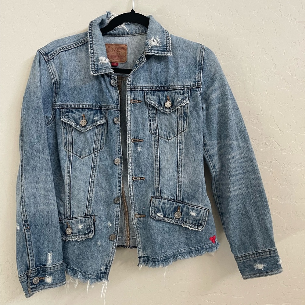 Lucky Brand Medium Blue Frayed Jean Jacket with Heart ❤️